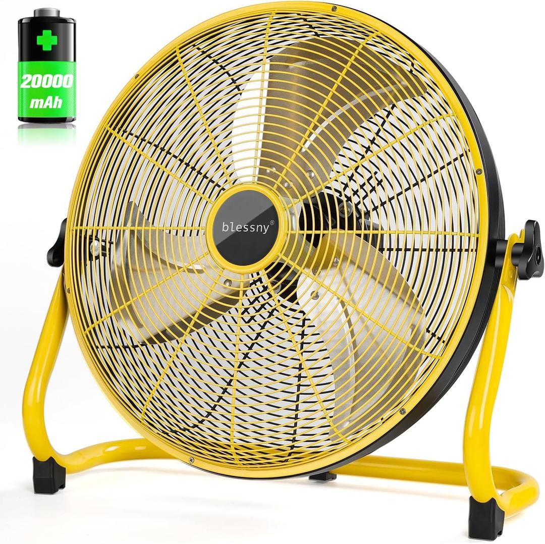 16" Battery Operated Floor Fan, 20000 mAh Large Rechargeable Cordless Fan for Camping Gazebo Chicken Coop Greenhouse Hurricane Home (High Velocity 2500 CFM) (Yellow and Black)