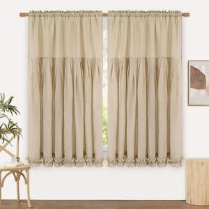 Likiyol Linen Curtains for Living Room 63 Inch Length Farmhouse Window Curtains for Bedroom with Ruffle Light Filtering Curtain Rustic Country Drapes Rod Pocket Window Treatments, Linen, 2 Panels