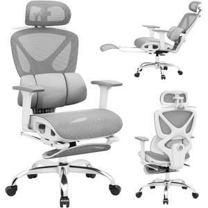 Ergonomic Mesh Office Chair, Home Desk Chair Comfy with Adjustable Lumbar Support 3D Headrest and Armrests, Reclining Big and Tall High Back Computer Gaming Chairs for Man Women, 350lbs Grey