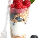 Ilyapa 3oz Plastic Dessert Cups - 50 Pack Mini Dessert Cups with Spoons - Clear Reusable Small Appetizer Cup for Cheesecake Shooters, Chocolate Mousse, Parfait - Party and Catering Supplies - Round