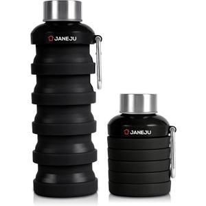JaneJu Collapsible Water Bottle, 17oz BPA Free Silicone Reusable Portable Lightweight Foldable Water Bottles with Carabiner, Portable Leak Proof Sports Water Bottle (Black) (16.9 Ounces)