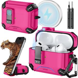 Inesore Compatible with AirPods Pro 2nd/1st Generation Case Cover with Phone Stand & Cleaning Kit,Compatible with Magsafe,Magnetic Automatic Lock for for iPod Pro Charging Case(USB-C/Lightning Cable) (W-Rose red)