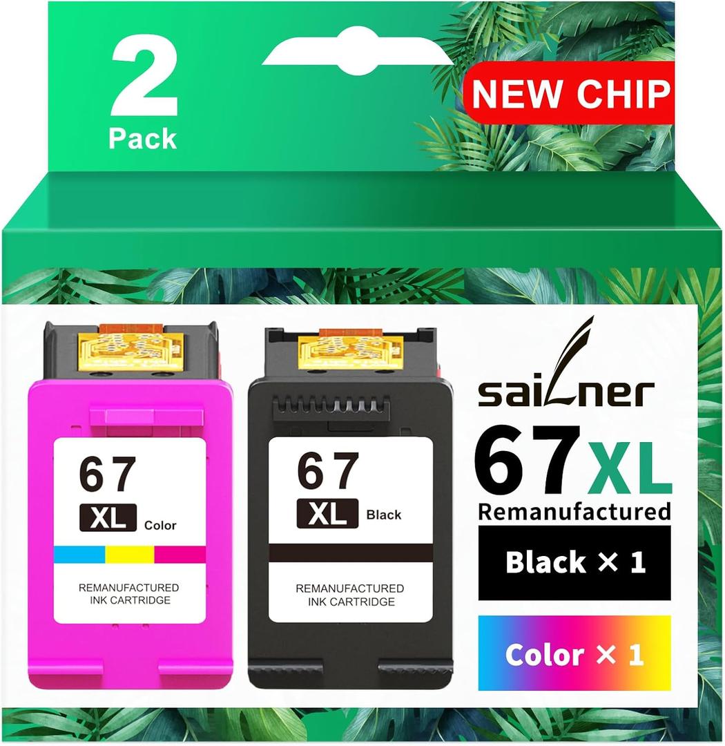 SAILNER 67XL HP Printer Ink, Replacement for HP Ink 67 for HP 67 Ink cartridges Black/Color Combo Pack, Compatible with DeskJet 2755e 2855e 2700e 4155e 2734e 2827e 4100e Envy 6055 6455e Printer 67XL