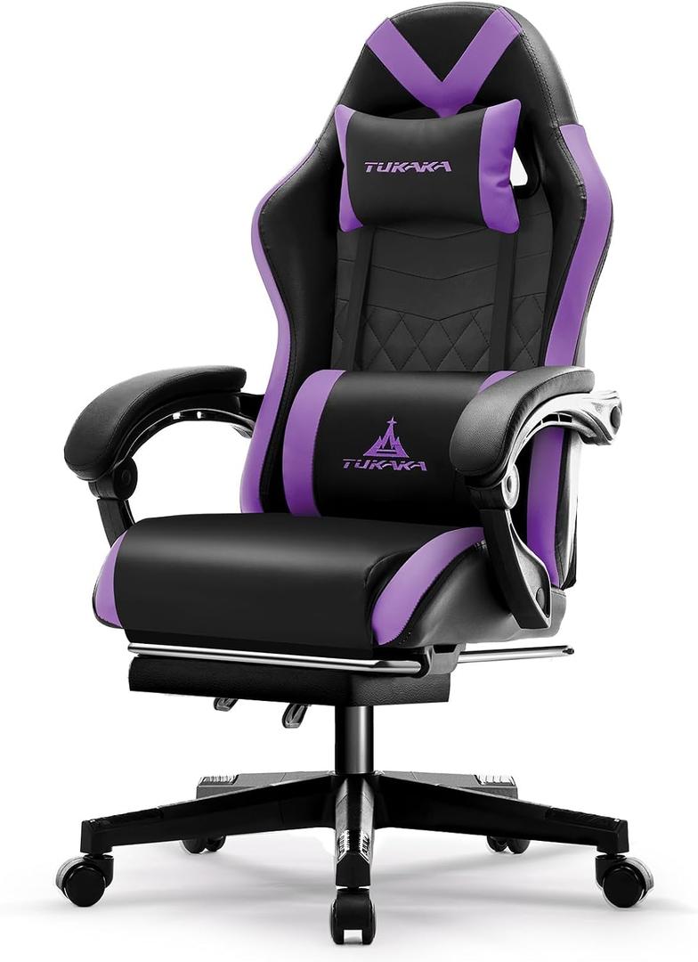 Gaming Chair,Ergonomic Massage Computer Office Desk Chair with Footrest,Pocket Spring Cushion,Reclining Leather Adjustable Gamer Chair with Headrest and Lumbar Support,Purple, Large