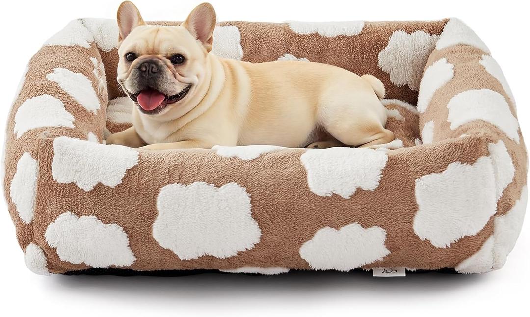 JOEJOY Small Dog Bed for Small Dogs, Rectangle Washable Orthopedic Dog Bed with Removable Zipper Cover, Cute Soft Calming Puppy Pet Bed with Jacquard Shaggy Plush & Non Skid Bottom, Cozy Clouds Brown, S PLUS (25"x21"x7")