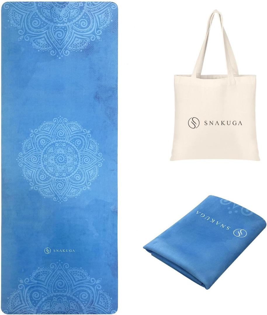 Travel Yoga Mat, Non Slip Exercise Suede Mat with Carry Bag, All-Purpose Fitness Mat with High Density Anti-Tear Surface for Women, Ideal for Pilates Workout (72'' x 24'' x 1.5mm Thick) (Blue Mandala)