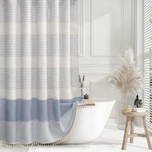 Light Blue Shower Curtain Linen Coastal Ocean Striped Shower Curtains for Bathroom with Tassel 72 X 72