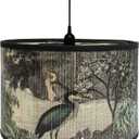 Retro Lamp Shade, E26/E27 11.8" x 7.9" Vintage Printed Art Deco Chandelier Cover Lampholder, Unique Drum Spider Japanese Tropical Funky Bird Decorative Bamboo Lampshade for Hanging Table Floor Light
