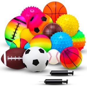 15 Pcs Sports Balls Set for Toddlers Kids Assorted Rubber Sport Playground Balls Inflatable with Pump for Boys Girls Indoor Outdoor Game Gifts