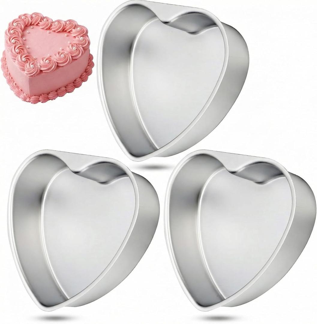 Nuogo 3 Pack 8 Inch Heart Shaped Cake Pans Aluminum Heart Cake Mold Baking Pans for Valentine's Day Birthdays Weddings Durable Nonstick Heart-shaped Tins for DIY Baking(Silver)
