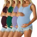 Sweetyweee 4 Pack Women's Maternity Tank Tops Henley Cotton Scoop Neck Shirt Ribbed Side Ruched Sleeveless Pregnancy Clothes(Dusty Blue, Lavender, Dark Green, Dark Brown, Small)