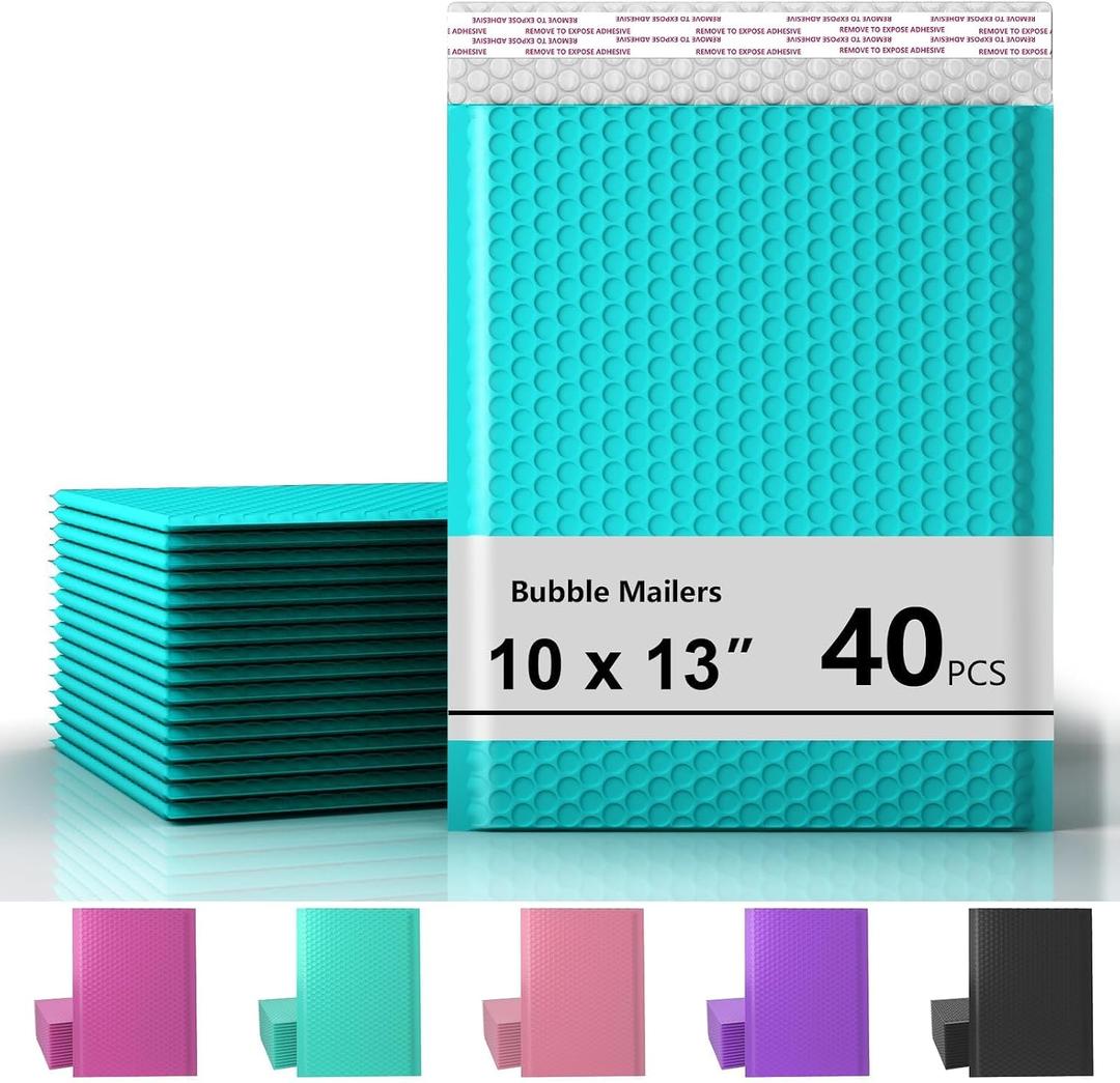 10 x 13 Inch Bubble Mailer 40 Pack, Waterproof Padded Envelopes with Strong Self-Seal Adhesive, Cushioning Shipping Bags with Bright Color for Small Business - Minty Blue