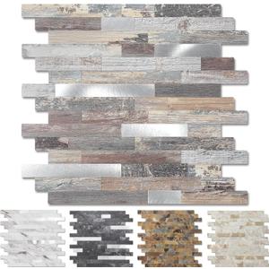 Yipscazo Peel and Stick Wood Metal Tile Backsplash, Stick on Tiles for Backsplash Kitchen, Bathroom, Laundry Room, Camper, Fireplace (12'' X 12'', 10 Sheets in Light Wood)