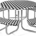 Moukeren Round Picnic Table Cover with Bench Cover Vinyl Fitted Picnic Tablecloth Round Waterproof Wipeable Table Cover with Elastic Edge for Camping Outdoor Patio, Black and White Grid,5 Piece Set