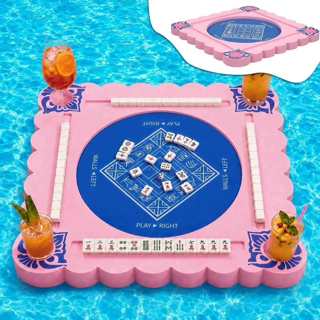 Floating Mahjong Table for Pool, EVA Floating Mahjong Mat with Tile Slots and Drink Holder for Card, Dominoes, Poker, Adult, Summer Beach Water Game, 29.5 x 29.5 Inches(Chinese Characters)