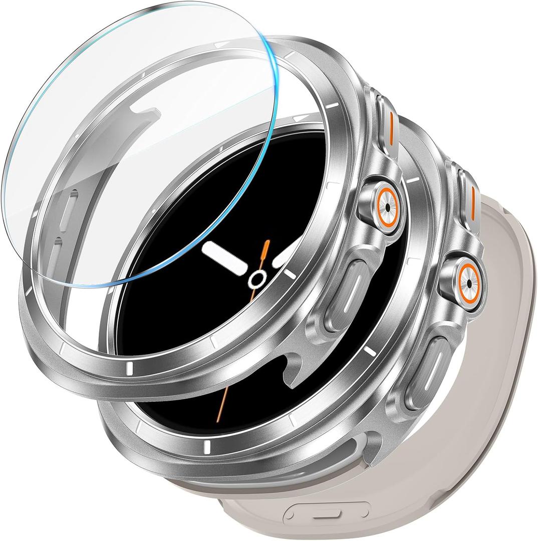 LETOID 3 in 1 Metal Case for Samsung Galaxy Watch 8 Screen Protector 44mm, Stainless Steel Protective Bumper Face, Hard PC Back Cover and 9H Tempered Glass Film for Galaxy Watch8