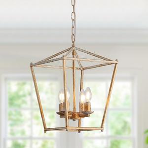 Modern Lantern Chandeliers 4-Light Ceiling Cage Hanging Lights White Gold Pendant Light Fixtures for Kitchen Island Dining Room Farmhouse Entryway Foyer
