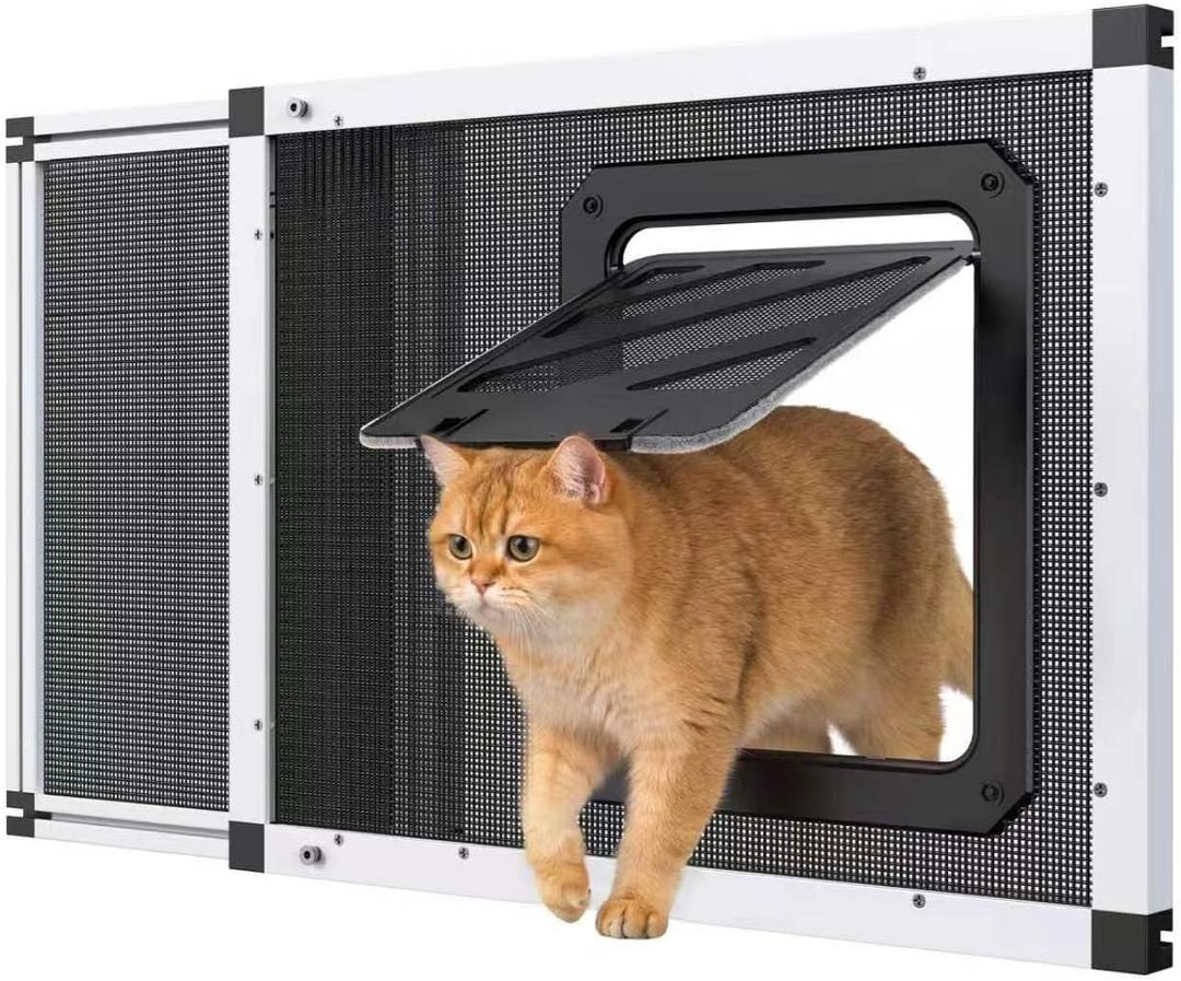 Bug-Proof Screen Cat Door for Window,22"-28.5" Adjustable Width,1-Min Install | Stainless Steel Mesh + Aluminum Frame | Ventilated | Magnetic Closure Sliding Pet Door Window Insert for Cats