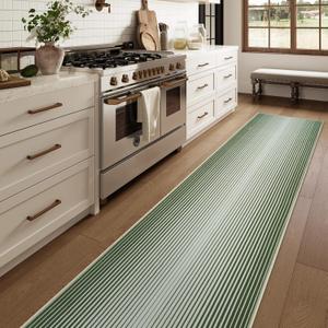 LEEVAN Washable 2 x 12 Runner Rug Modern Abstract Hallway Runner Rug 12ft Green Distressed Kitchen Rugs Long Floor Carpet for Entryway, Bathroom, Laundry, Bedroom