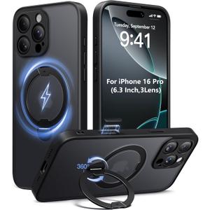 Magnetic for iPhone 16 Pro Case,[Unbreakable & Magnetic Stand][Military-Grade Protection] [Phone Case Compatible with MagSafe] Slim Translucent Matte Shockproof Phone Cover,Black