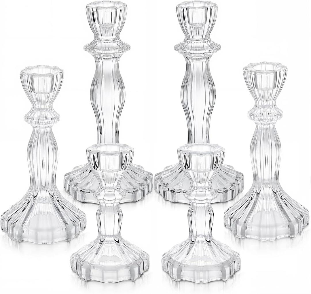 Mumufy 6 Pack Glass Taper Candle Holders Clear Candlestick Holder Fit 0.8 Inch Candles 4'' 6'' 8'' Tall Crystal Decorative Candlestick Stand Centerpiece for Table Wedding Dining Party (Classic)