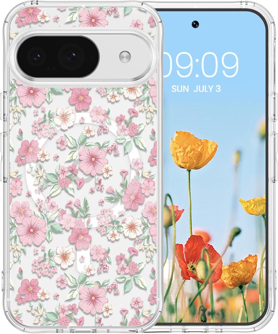 RALEAVO for Google Pixel 9/9 Pro Case Compatible with MagSafe Clear Floral Pattern Design Cute for Girls Women Slim Magnetic Hard Back Shockproof Phone Case for Pixel 9/9 Pro, Pink Flowers