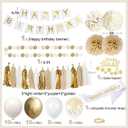 2 x Upgraded Gold White Birthday Party Decorations for Girls Women Men with Happy Birthday Sash,Banner,Tissue Pompoms,Circle Dots Garland,Paper Tassels Garland, cake topper for Her Decor