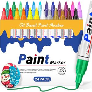 Oil Based Paint Pen: Permanent Paint Marker, Quick-Dry, Waterproof Paint Set of 24 for Metal, Wood, Easter egg, Rock Painting, Glass, Fabric, Ceramic, Mug, Plastic, Stone, Christmas Stencil
