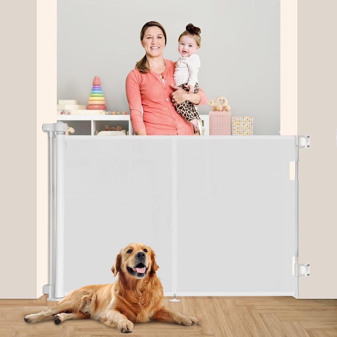 Upgraded 59" Retractable Baby Gates with Reinforced Strip Design to Prevent Crawling Through, 42" Extra Tall Retractable Gates, 5 FT Retractable Dog Gate for Stairs, Doorways, Hallways (White)