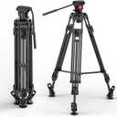 Video Tripod with Fluid Head, Heavy Duty Aluminum Alloy, Max Height 74 in, Max Load 220 lb, Compatible with Manfrotto, Canon, Nikon, Sony DSLR Camera Camcorder