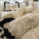 4pcs Duvet Cover Set Queen Size-Washed Cotton Ultra Soft Ruffle Bedding Set includ 1 Duvet Cover with Zipper Ties,1 Fitted Sheet with Bed Skirt, 2 lace Pillow Shams for All Season (Beige)