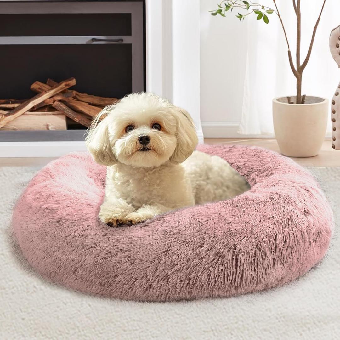 JOLLYVOGUE Calming Small Dog & Cat Bed for Indoor Cats - 20 inches Washable Donut Bed for Kittens & Puppies, Anti-Anxiety Round Fluffy Plush Pet Beds (Fits up to 15 lbs, Dark Pink)