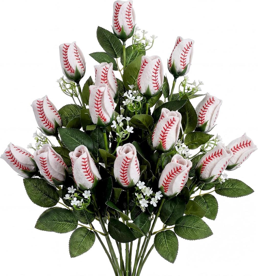 12 Pcs Baseball Rose with Leaves Bulk Artificial Fake Flower Decor Sports Flower Bouquet Gifts for Table Centerpieces for Coach Team Player Fans Sports Theme Party Favors (White)