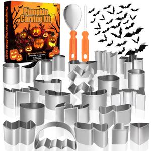 49PCS Pumpkin Carving Kit for Helloween, Easy & Safe Pumpkin Carving Tools for Kids, 23PCS Stainless Steel Stencils with 2 Carving Tools and 24 Bat Stickers for Halloween Decoration