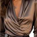 Floerns Women's Elegant Satin Long Sleeve Shirts Wrap V Neck Business Casual Blouse Tops (Coffee Brown, Small)
