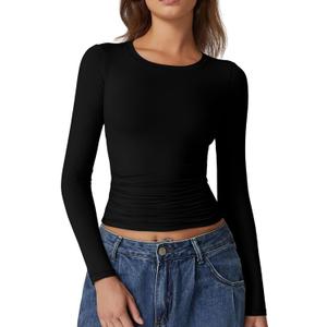 QINSEN Womens Crewneck Long Sleeve Shirt Double Lined Basic Tees Side Ruched Going Out Crop Tops (Small, Black)