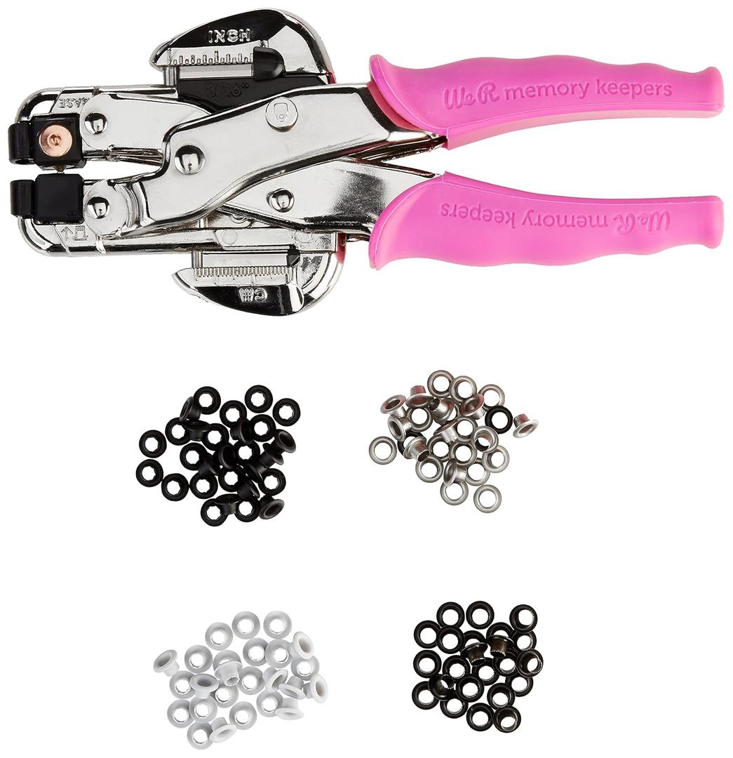 We R Memory Keepers- Crop-A-Dile Eyelet Setter Punch Kit, Pink, Includes 100 Eyelets, Comfort Handle, for 1/8 or 3/16 Inch Holes, Metal, Craft Paper, Leather, Fabric and More