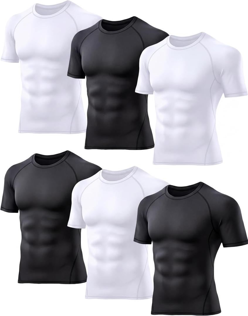 TELALEO 6 Pack Men's Compression Shirt Short Sleeve Athletic Baselayer Sports T Shirts Workout Tops for Men Black White (Large)