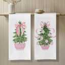Chinoiserie Pink Bow Christmas Kitchen Towels, Christmas Bauble Tree Dish Tea Towels, Grandmillennial Xmas Decorative Hand Towel for Kitchen Bathroom, 16x24 Inch Set of 2