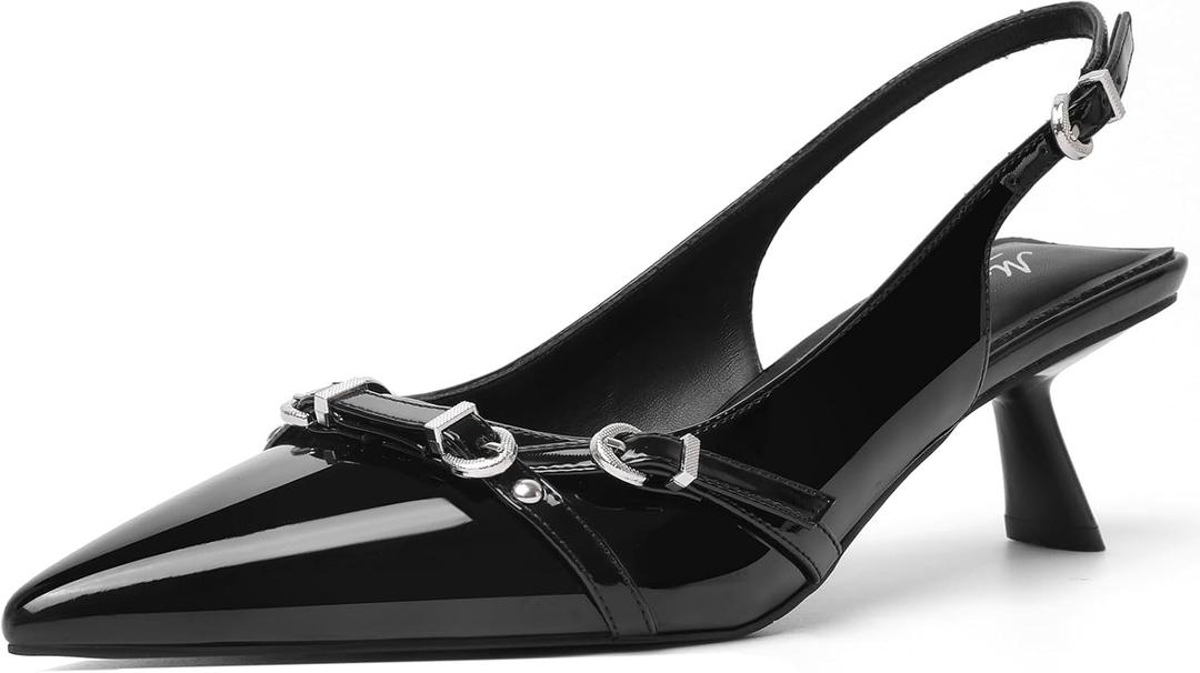 Mostrin Kitten Heels for Women Pointed Toe Pumps Patent Leather Low Heel Slingback Heels with Buckle Dress Shoes for Dating Party Working (7, Black)