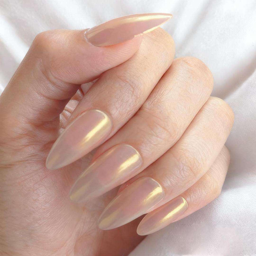 6 x GLAMERMAID Chrome Press On Nails Medium Almond, White Handmade Metal Fake Nails Stiletto, Glitter Glazed Donut False Nail Short Oval, Glossy Natural Reusable Acrylic Stick Glue on Nails Kit for Women
