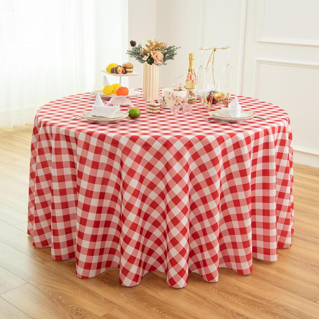Waterproof Plaid Tablecloth Fabric - Round 120 Inch Classic Gingham Checker Table Cloth for Indoor/Outdoor Use - Buffalo Table Cover for Picnics, BBQs, and Parties (Red White)