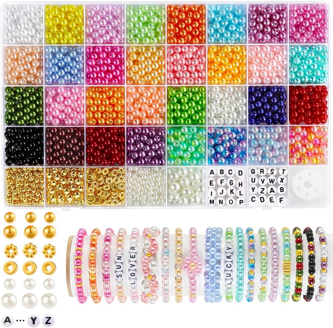 Funtopia 2085pcs Pearl Beads, 32 Colors Colorful Round Beads for Bracelets, Pearl Bead for Jewelry Making, Bracelet Making Kit with Gold Spacer Letter Bead for Crafting Bracelet Necklace Earrings DIY