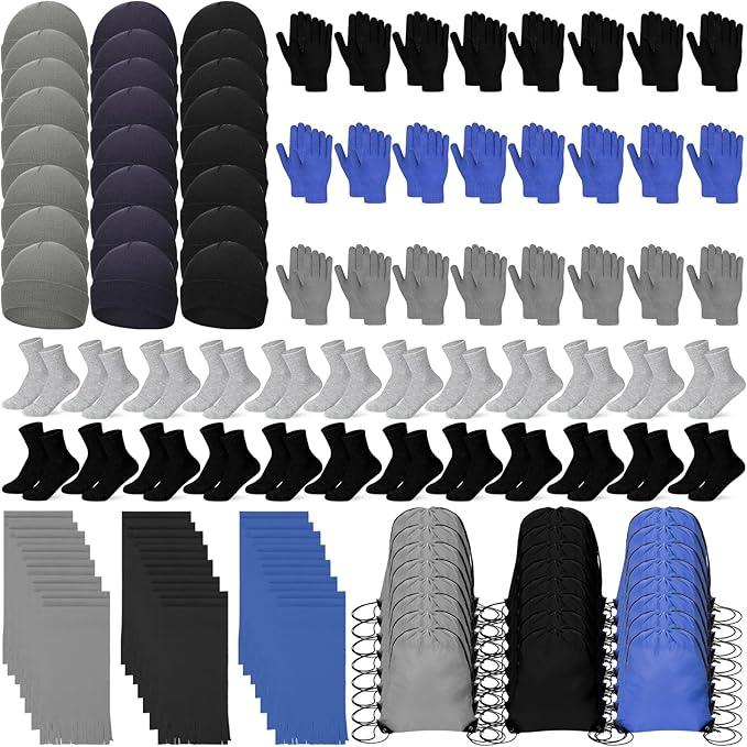 Liitrsh 120 Pcs Homeless Care Package Supplies Bulk Winter Beanie Hat Gloves Socks Scarves Polyester Drawstring Bags for Men (Black)
