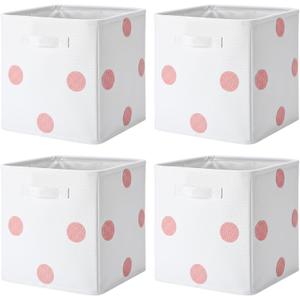 4 Pack Dot Cube Storage Bins Foldable Pink Cube Bins with Handles Fabric Square Storage Organizer Basket Decorative Collapsible Organizer for Closet Cabinet Shelf Nursery Office