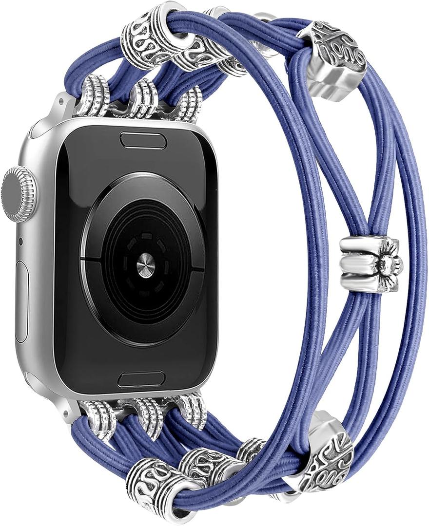 Beaded Bracelet Compatible with Apple Watch Band 41mm 38mm 44mm 42mm 45mm 46mm 49mm Women Boho Braided Solo Loop Nylon Stretchy Dressy Strap for iWatch Serie11/10/9/8/7/6/5/4 SE 3/2/1 Ultra (A Lavender Gray)