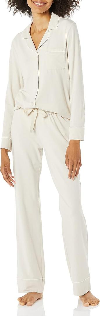 Amazon Essentials Women's Long Sleeve Cotton Modal Pajama Set, Loungewear with Full-Length Bottom (Beige, Small)