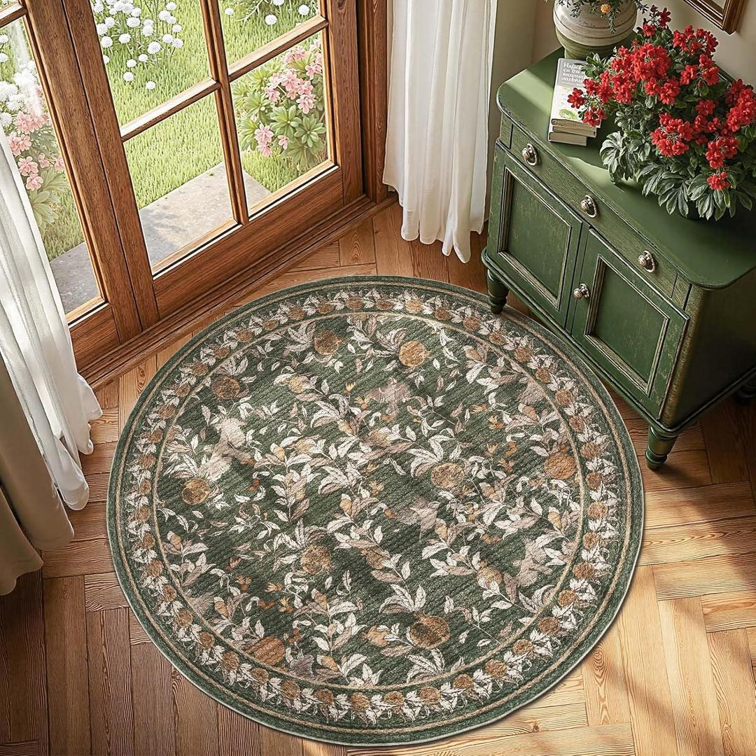 jinchan Eden Floral Round Rug 5ft Area Rug Washable Vintage Soft Non-Slip Distressed Orange Green 5' Circle Christmas Carpet Low Pile Accent Rug for Entryway Living Room Bedroom Home Office