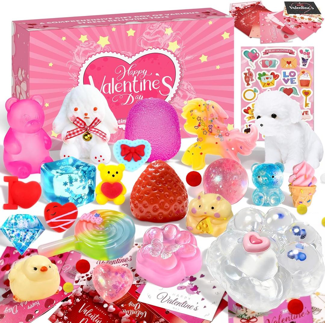 Valentines Day Gifts for Kids - 24Pcs Taba Squishies Kit Fidget Toys with Greeting Cards & Stickers, Kawaii Stress Relief Fidget Toys for Adults, Valentines Classroom Exchange & Party Favors Gifts