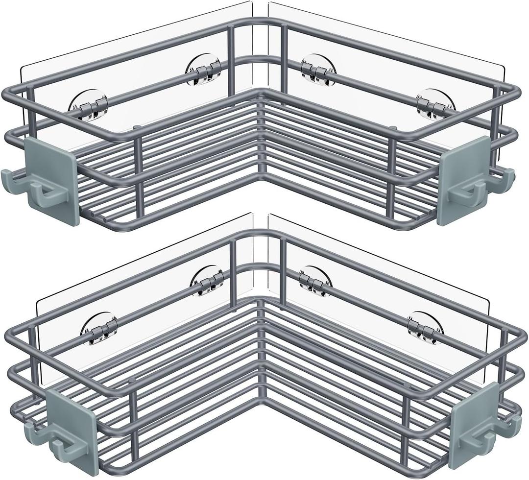 Nieifi Adhesive Corner Shower Caddy Shelf Basket Rack with Hooks, Rust Proof Stainless Steel Bathroom Shelf Shampoo Holder No Drilling (Gray) (Grey)